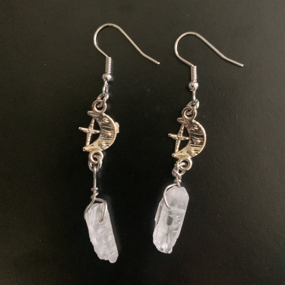 Witchy Boho Moon Earrings Hippie Crystal Look Cross Shepherds Hook Witch Fairy - Picture 6 of 6
